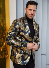 Metallic Japanese Print Floral Pattern Evening Blazer Gold