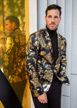 Metallic Japanese Print Floral Pattern Evening Blazer Gold