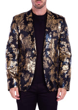 Metallic Japanese Print Floral Pattern Evening Blazer Gold