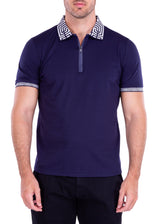 Greek Key Trim Zipper Polo Shirt Solid Navy