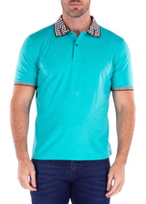 Greek Key Collar & Trim Solid Mint Polo Shirt