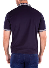 Greek Key Collar & Trim Solid Navy Polo Shirt