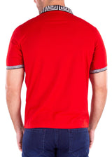 Greek Key Collar & Trim Solid Red Polo Shirt