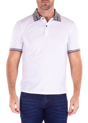 Greek Key Collar & Trim Solid White Polo Shirt