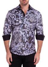 Greek Key Print Iridescent Metallic Black Long Sleeve Dress Shirt