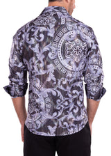 Greek Key Print Iridescent Metallic Black Long Sleeve Dress Shirt