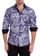 Greek Key Print Iridescent Metallic Navy Long Sleeve Dress Shirt