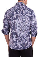 Greek Key Print Iridescent Metallic Navy Long Sleeve Dress Shirt