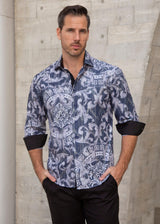 Greek Key Print Iridescent Metallic Navy Long Sleeve Dress Shirt