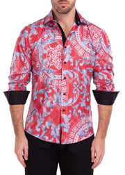 Greek Key Print Iridescent Metallic Red Long Sleeve Dress Shirt