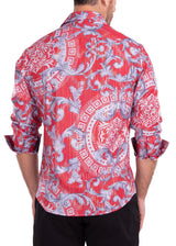 Greek Key Print Iridescent Metallic Red Long Sleeve Dress Shirt