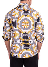 Gold Flourish Geo Contrast Print White Button Up Long Sleeve Dress Shirt