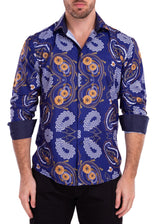 Gold Medallions & Paisley Geo Print Navy Button Up Long Sleeve Dress Shirt