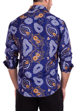 Gold Medallions & Paisley Geo Print Navy Button Up Long Sleeve Dress Shirt