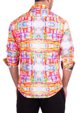 Vibrant Watercolor Abstract Printed White Button Up Long Sleeve Dress Shirt