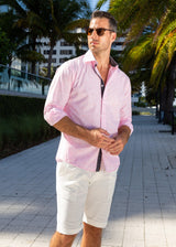 Crosshatch Linen Texture Pink Button Up Long Sleeve Dress Shirt