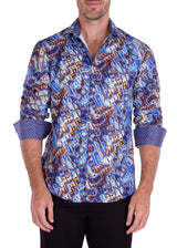 Abstract Art Print Long Sleeve Dress Shirt Blue