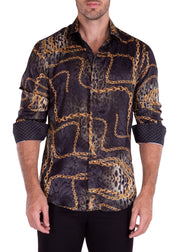 Cheetah & Chain Silk Texture Long Sleeve Dress Shirt Black