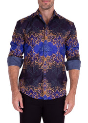 Blue Damask Print Long Sleeve Dress Shirt