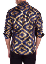 Gold Leaf Foil Velvet Accent Long Sleeve Dress Shirt Navy