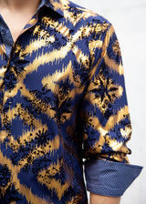 Gold Leaf Foil Velvet Accent Long Sleeve Dress Shirt Navy