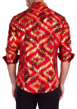 Gold Leaf Foil Velvet Accent Long Sleeve Dress Shirt Red