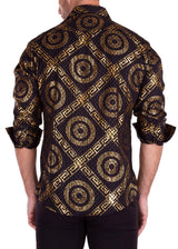 Greek Key Maze Velvet Texture Long Sleeve Dress Shirt Black