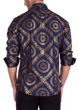 Greek Key Maze Velvet Texture Long Sleeve Dress Shirt Navy