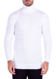 Textured Turtleneck Sweater White Men's Solid Color Knit Wool Cotton Bespoke Moda by NEO NYC